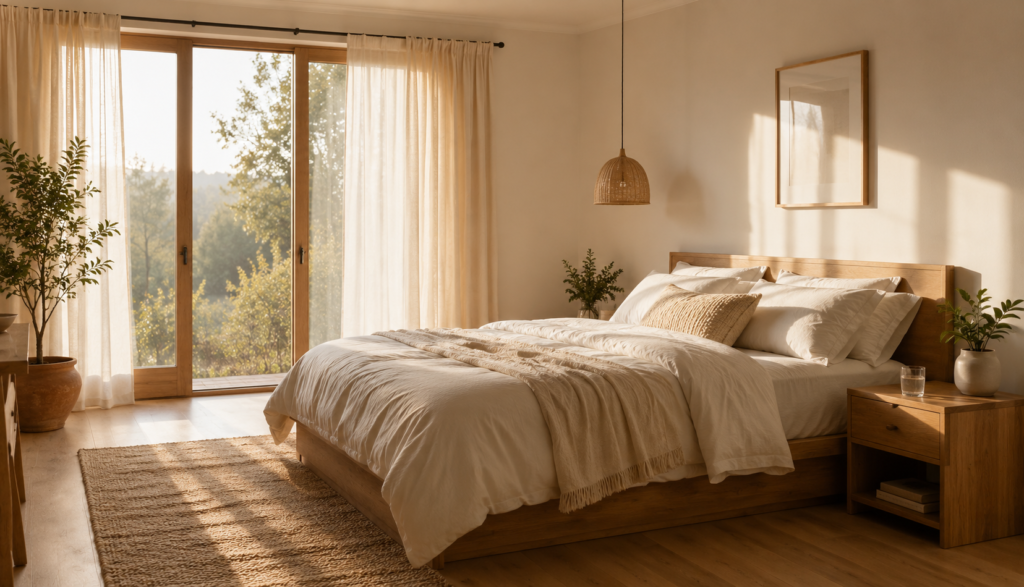 Serene bedroom in warm morning light representing ideal wake time
