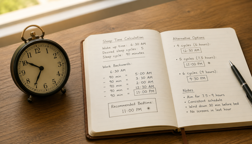 Clock and open notebook with sleep time calculations on desk
