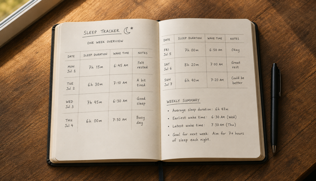 Open sleep journal showing one week of tracked sleep duration entries