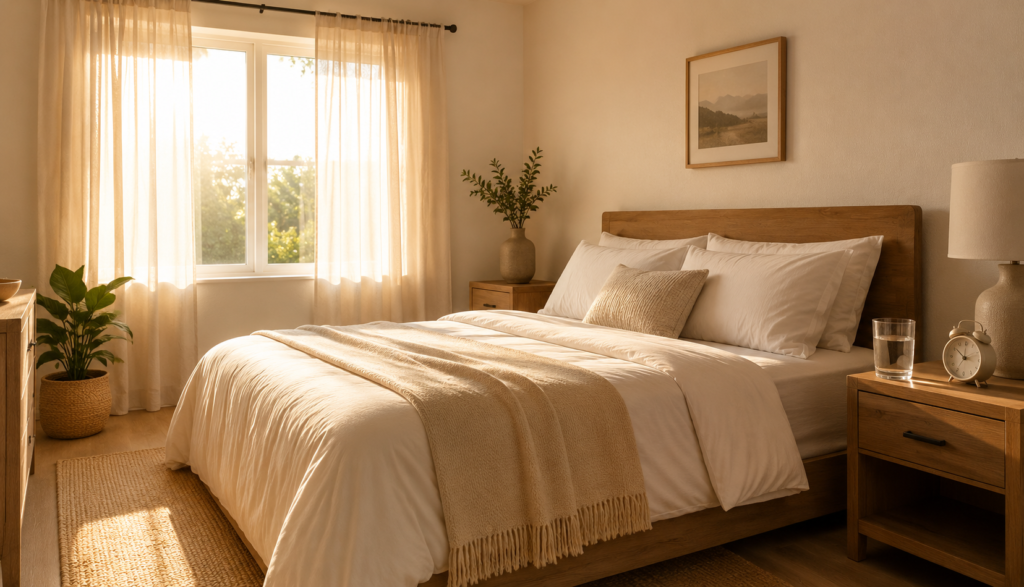 Calm bright bedroom in morning light representing calibrated sleep schedule