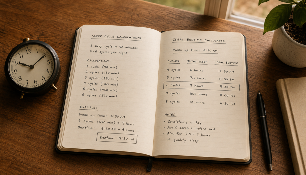 Open notebook with sleep cycle calculation written on desk