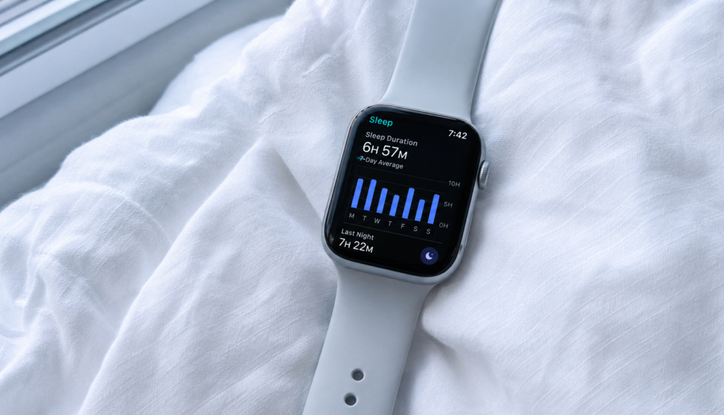 Sleep tracker showing weekly sleep duration data on white linen