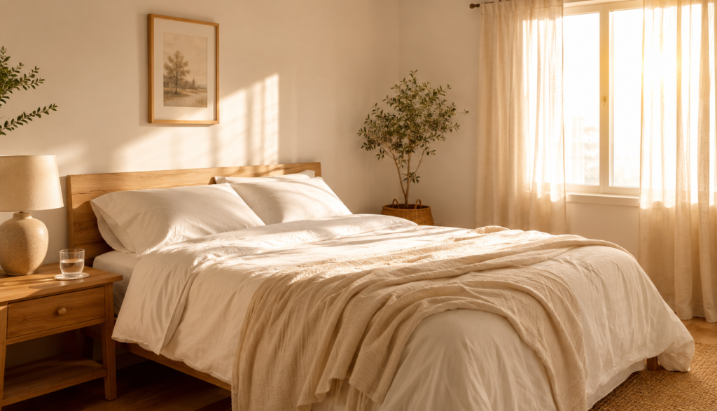 Serene bedroom in morning light representing cycle-aligned restful sleep